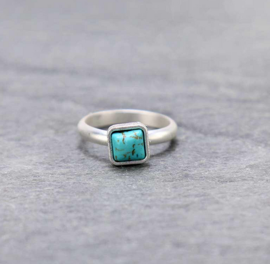 Small 5mm Square Natural Stone Adjustable Ring, Bonze Single Band