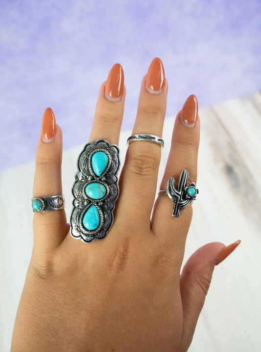 Turquoise Wild Ridge Trail Silvertone Ring 4 Piece Set