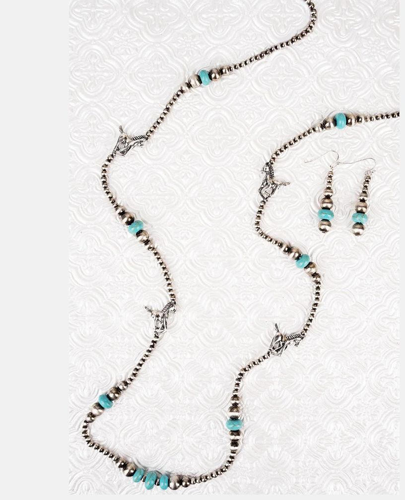 Turquoise Hawthorne Silver Pearl Horse Necklace and Earring Set