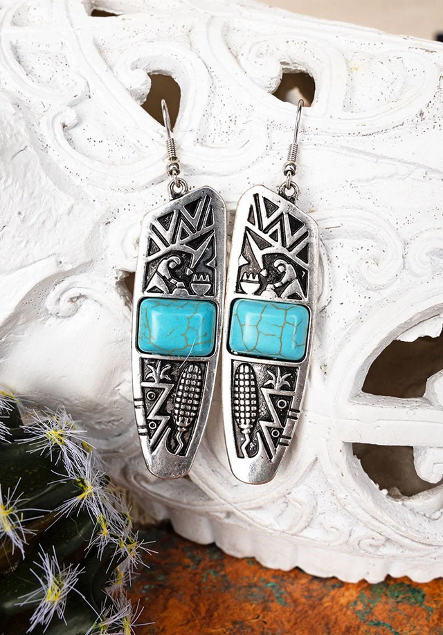 Turquoise Silvertone Aztec Cave Trail Earrings
