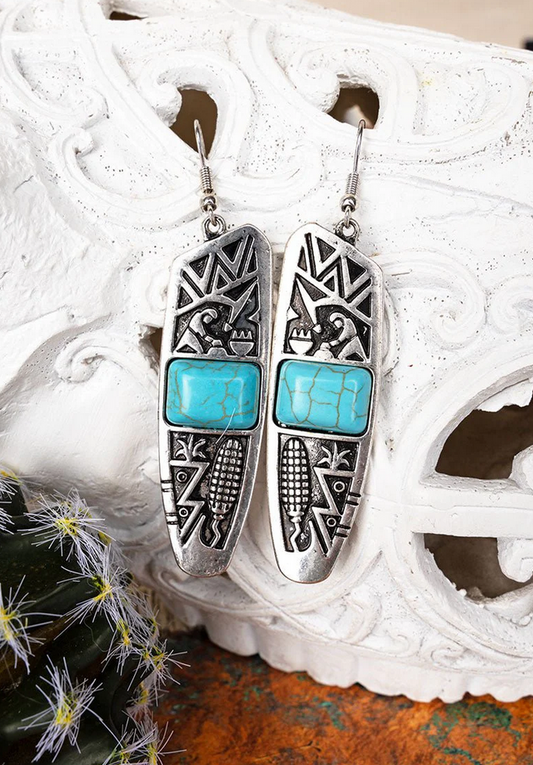 Turquoise Silvertone Aztec Cave Trail Earrings