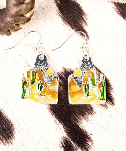 Cactus Cow Tags Silvertone Earrings