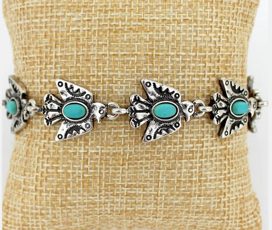 Turquoise Beaded Silvertone Thunderbird Magnetic Bracelet