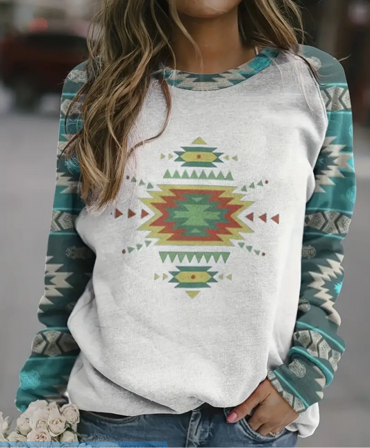 Teal Aztec Print Sleeve Sweatshirt