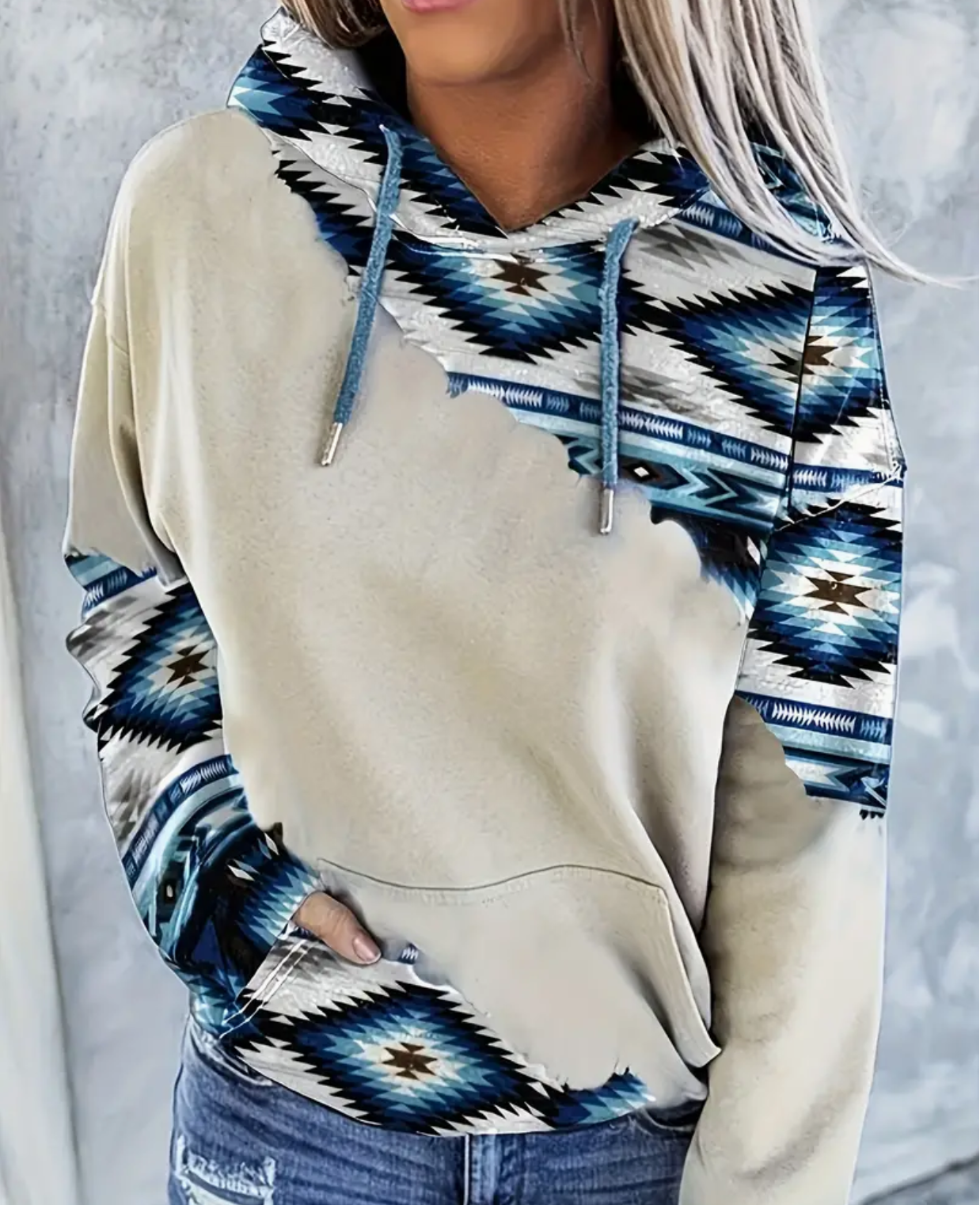 Blue Diagonal Aztec Print Hooded Sweatshirt