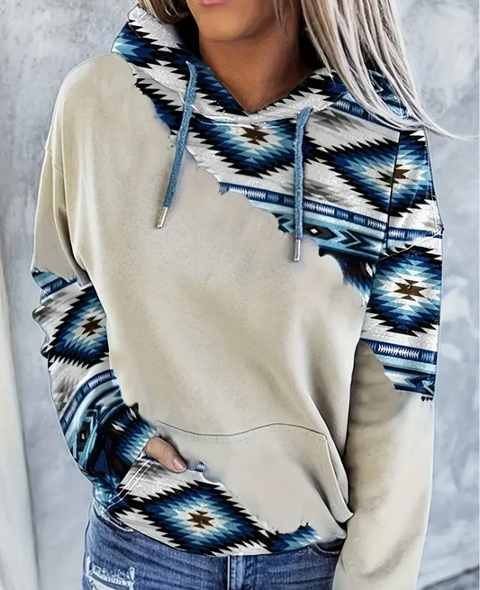 Blue Diagonal Aztec Print Hooded Sweatshirt
