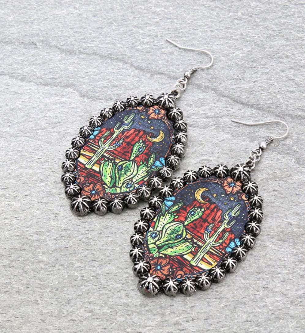 Western Cactus Theme Leather Dangle Earrings