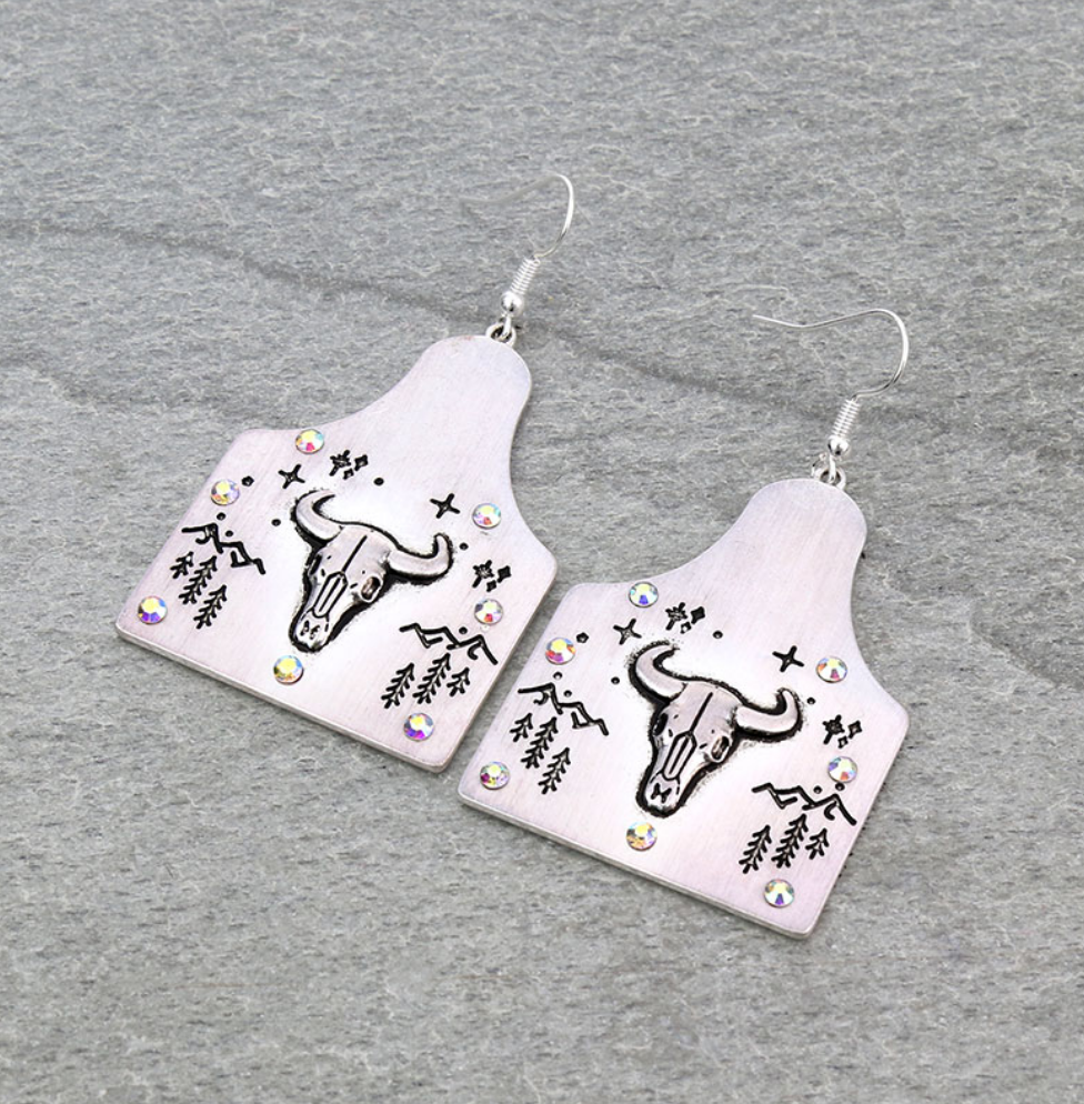 Western Steer Skull Ear Tag Dangle Earrings