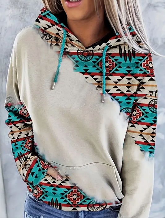 Turquoise Diagonal Aztec Print Hooded Sweatshirt