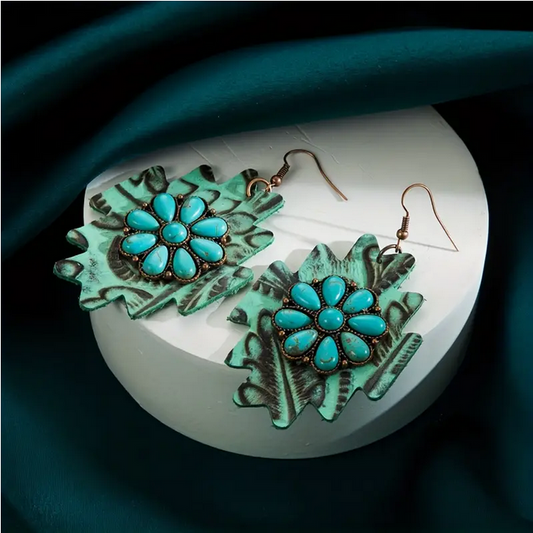 Turquoise Tooled Leather and Turquoise Accent Earrings