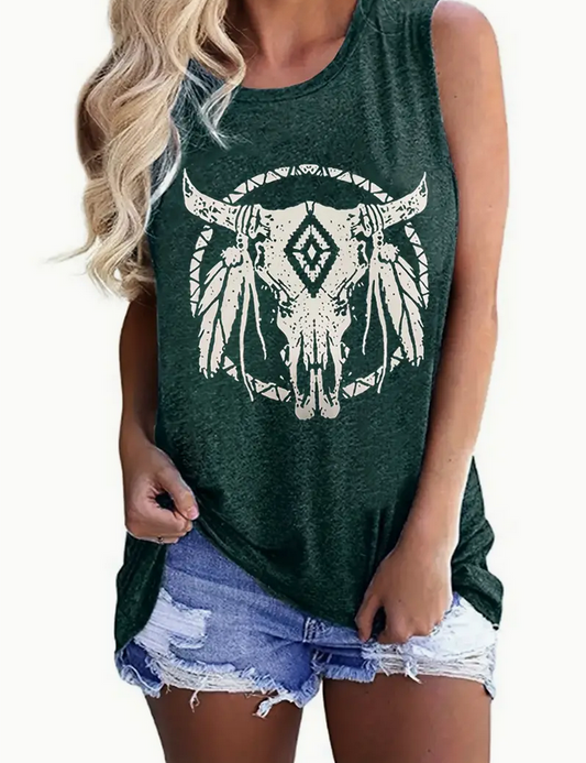 Green & White Steer Head Tank Top