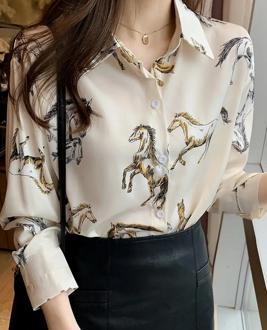 Cream Horse Print Long Sleeve Shirt