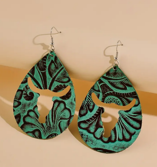 Turquoise Tooled Leather Earrings with Skull Cutout