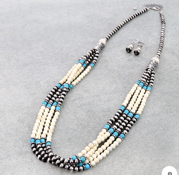 Navajo Style Pearl and Bead Multi-Strand Necklace Set