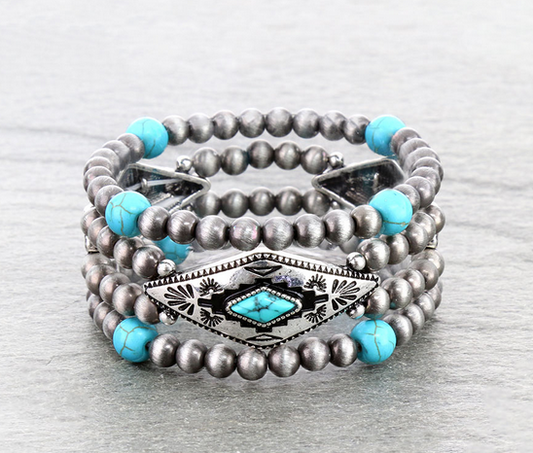 Navajo Style Pearl with Aztec Stone Stackable Bracelets