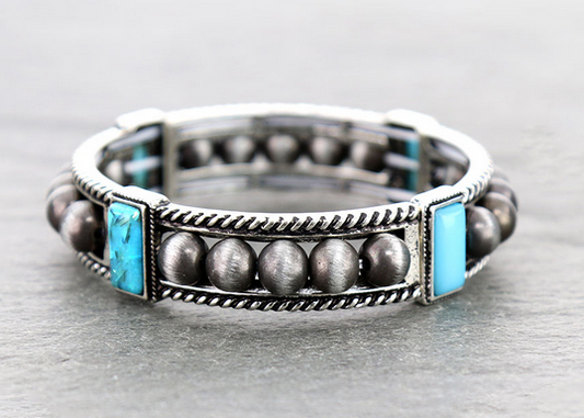 Navajo Style Pearl with Rectangle Stone Stretch Bracelet