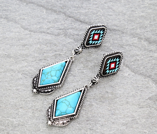 Western Aztec Design Stone Stud Earrings