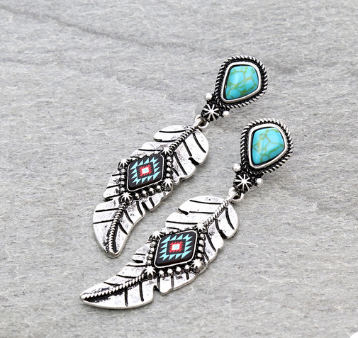 Western Aztec Design Feather Stud Earrings