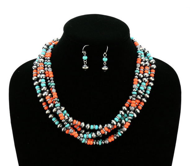 Navajo Style Pearl Layered Necklace Set