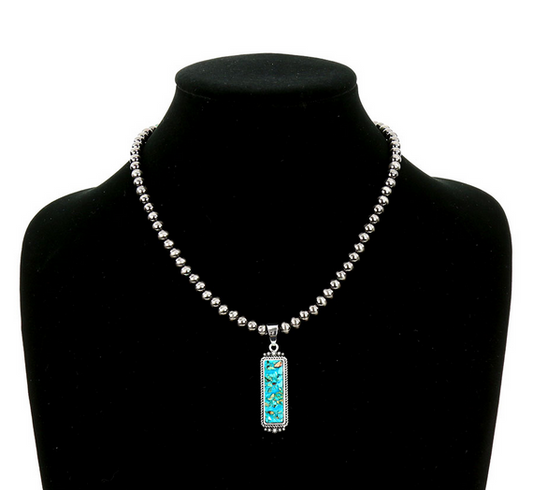 16″ Long, 6mm Polished Navajo Style Pearl Necklace, Bar Gemstone Pendant