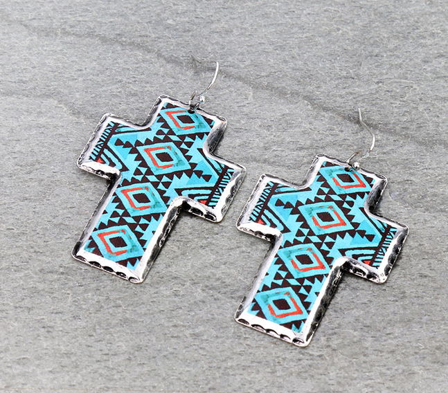 Western Aztec Print Stamping Cross Dangle Earrings
