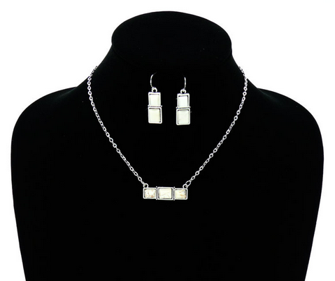 15″ Long, Small Cable Chain Necklace, Bar Square Natural White Stone Pendant & Earrings