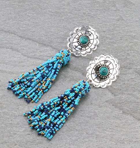 Western Concho Stone with Seed Bead Tassel Stud Earrings