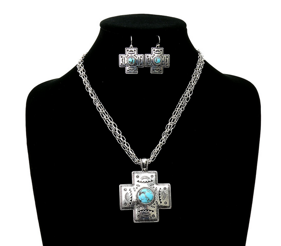 Western Aztec Cross Stone Necklace Set