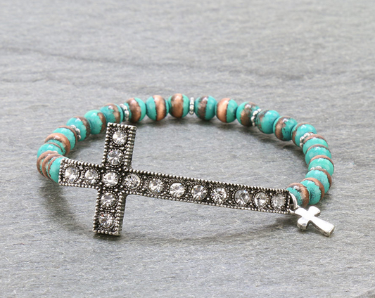 Rhinestone Cross with Bead Stretch Bracelet