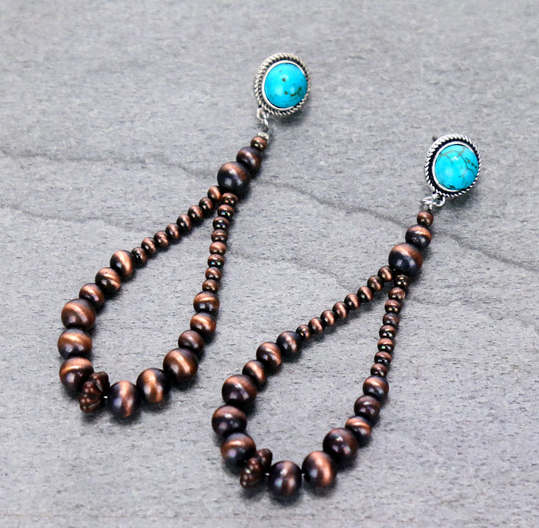 4″ Long, Graduated Navajo Style Copper Pearl Drop, Natural Stone Post Earrings