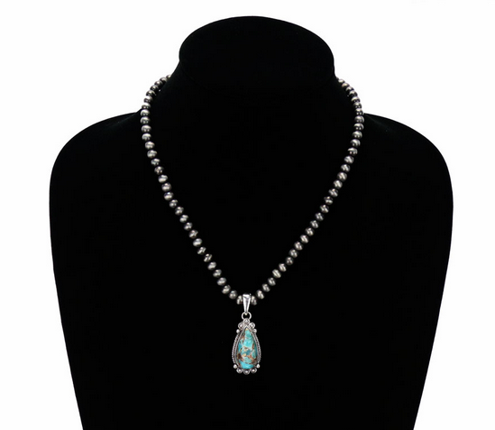 Western Navajo Style Pearl with Teardrop Stone Pendant Necklace