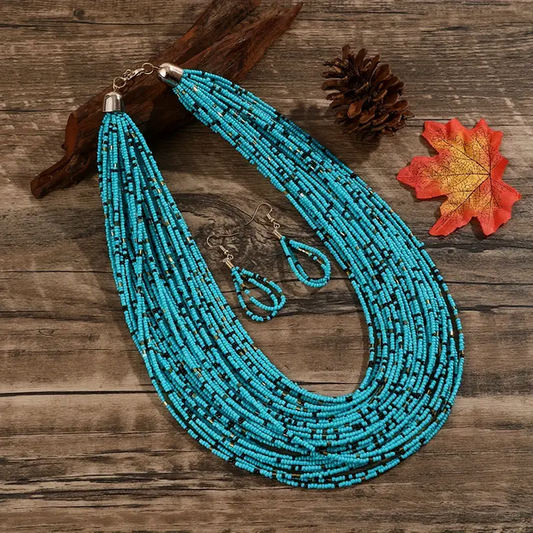 Turquoise and Black Seed Bead Necklace and Earring Set