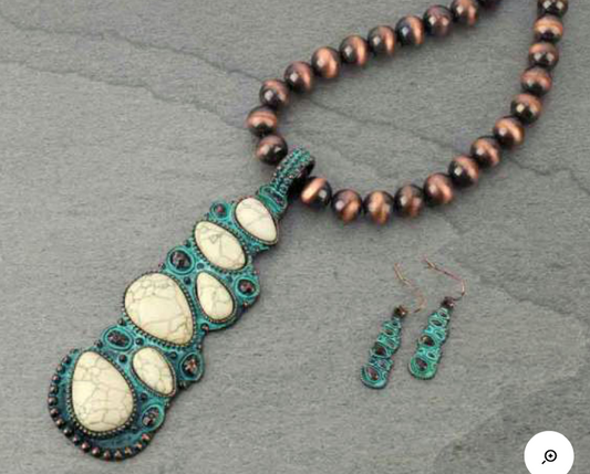 Western Style Turquoise Stone Pearl Necklace Set