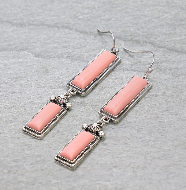 Western Hand Craft Stone Rectangle Dangle Earrings