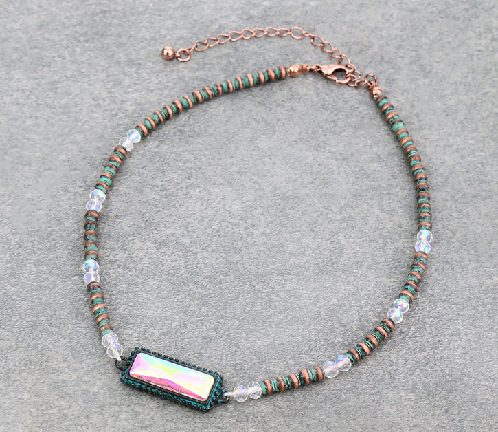 Navajo Style Bead with Glass Stone Choker Necklace