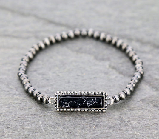 Navajo Style Pearl Bead with Stone Stretch Bracelet