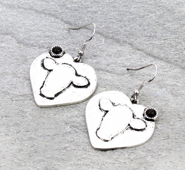 Western Heart Theme Cow Dangle Earrings