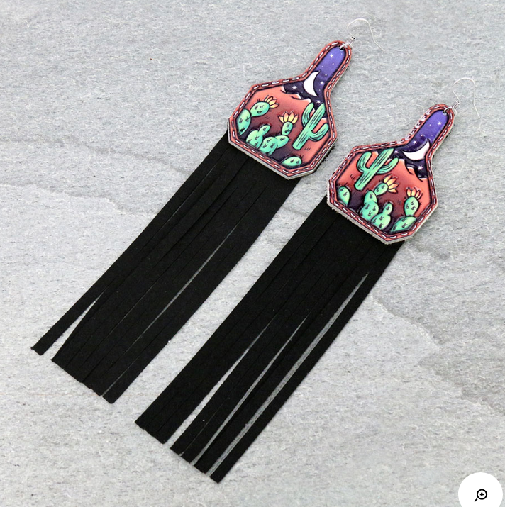 Cactus Leather with Tassel Dangle Earrings