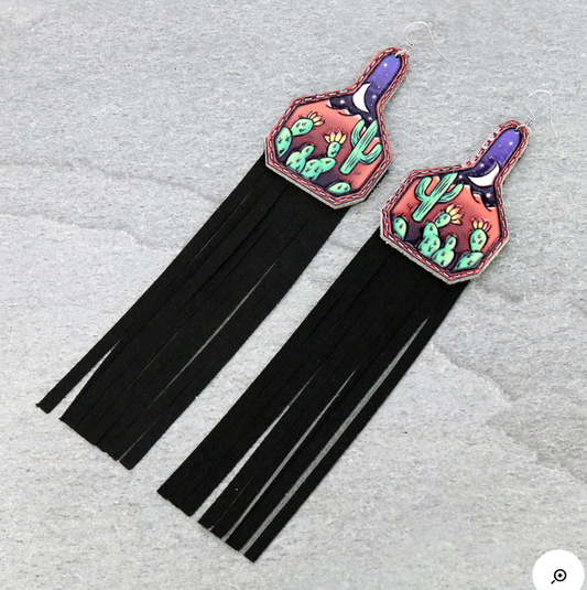 Cactus Leather with Tassel Dangle Earrings