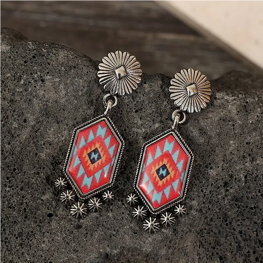 Red Aztec Pattern Dangle Earrings