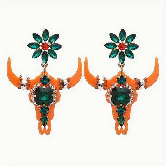 Orange Steer Head Dangle Earrings