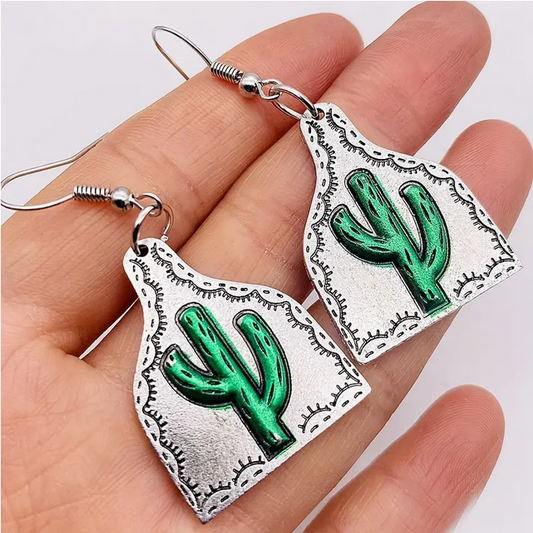 Green Cactus Cattle Tag Earrings