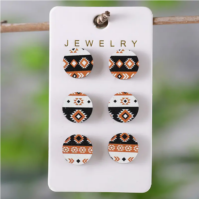 3 Pair Brown & White Stud Earrings