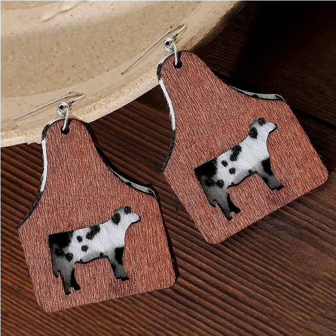 Hollow Cow Earrings with Cowhide Background