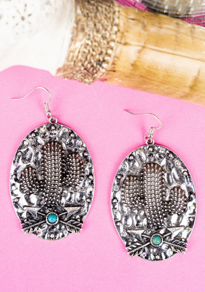 Cactus Makes Perfect Turquoise Silvertone Earrings