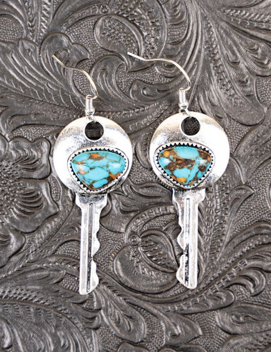 Turquoise Stone Key Silvertone Earrings
