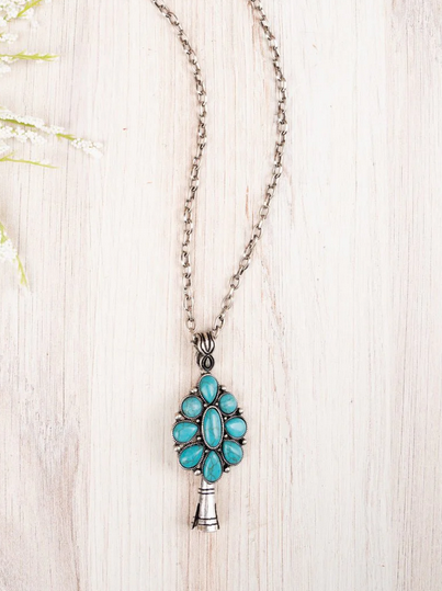 Turquoise Burnished Silvertone Single Squash Blossom Necklace