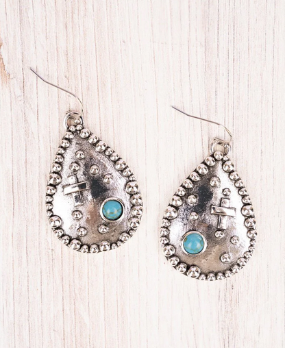 Turquoise and Silvertone Crossville Teardrop Earrings