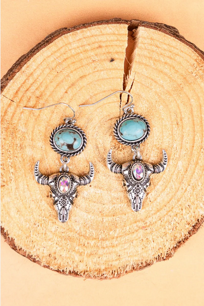 Turquoise Silvertone Jewell Steer Earrings