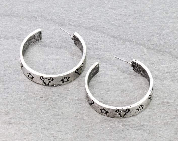 Western Steer Head Engraved Hoop Earrings